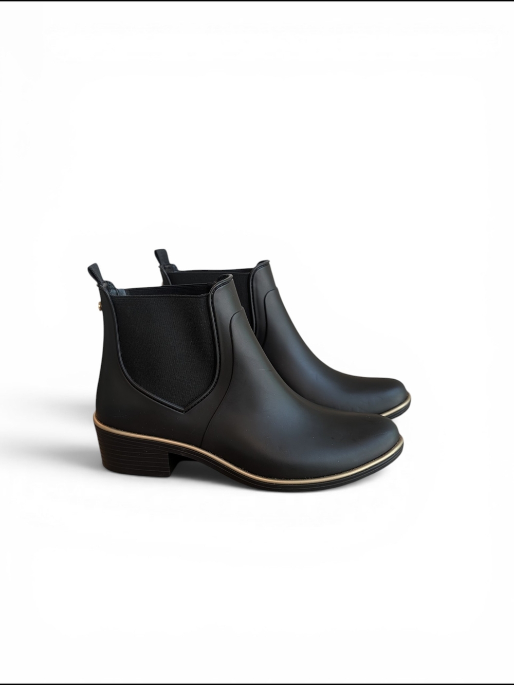 kate spade Black Chelsea Ankle Rain Boots with Gold Trim And Spade NWT